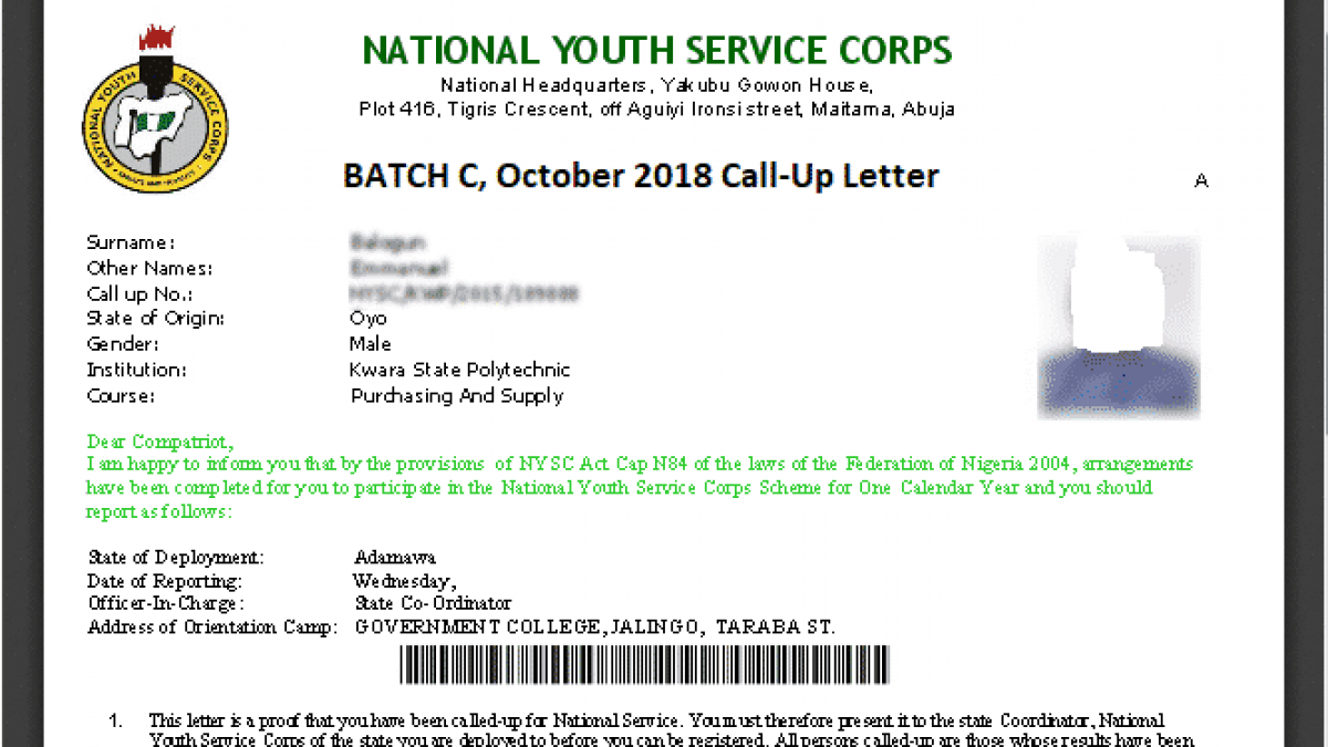 NYSC call up letter